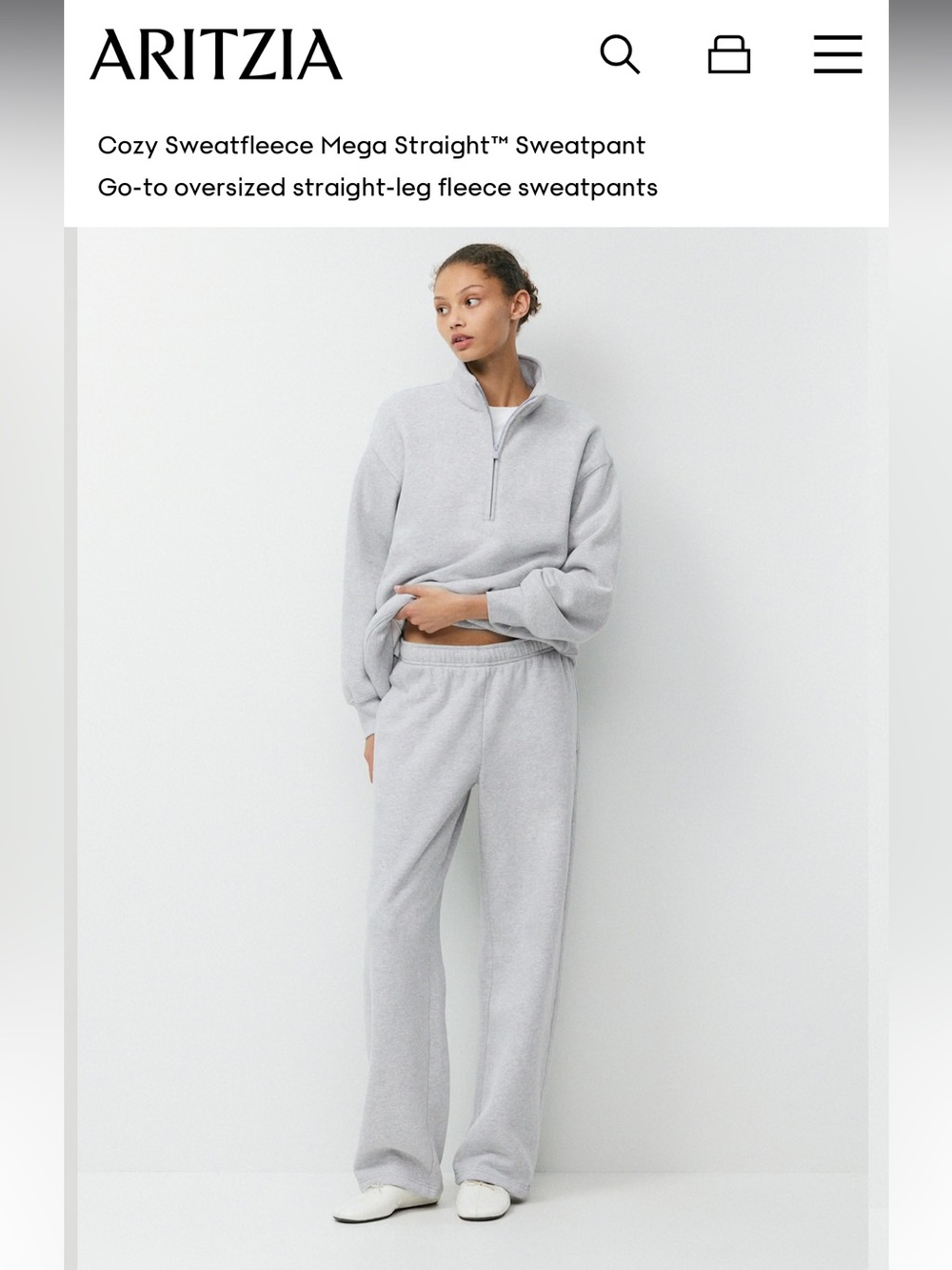 Aritzia Light Gray cozy mega straight sweatfleece sweatpants